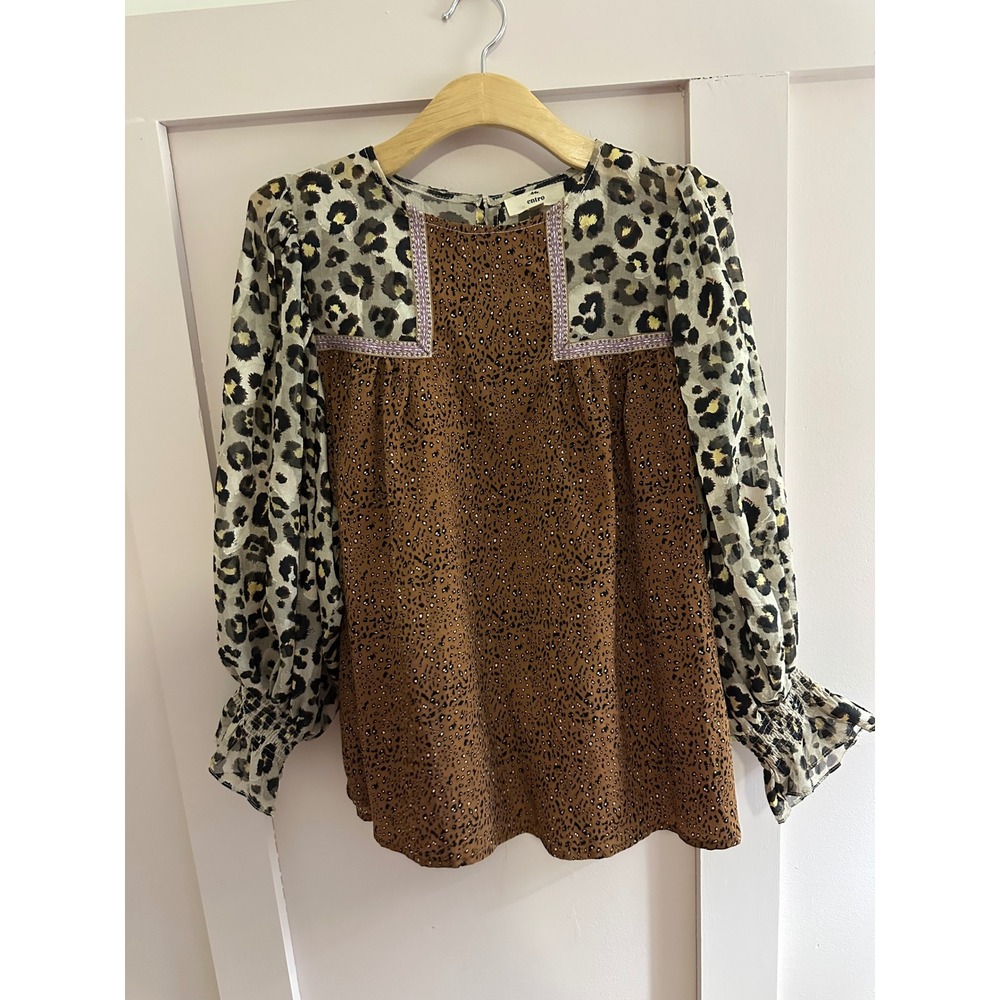 Entro Mixed Animal Print Babydoll Blouse Leopard Cheetah Smocked Sleeve Small